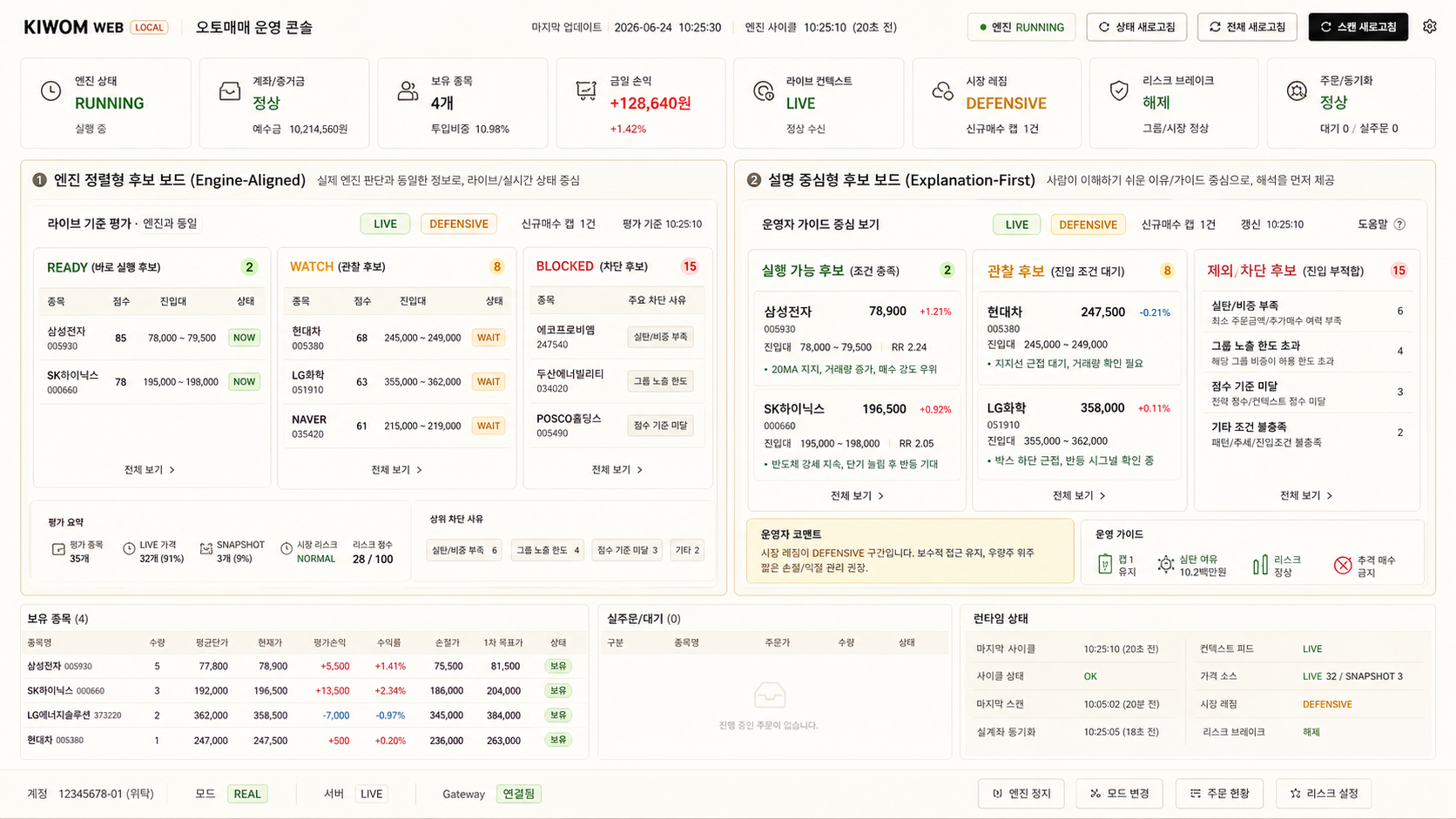 Auto Trading 후보 상태, readiness gate, 보유·체결·운영 로그 화면