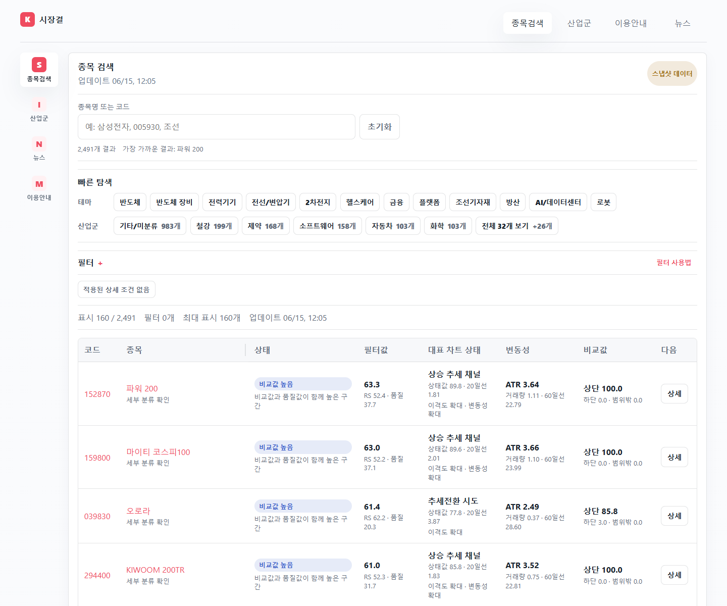 K Stock 검색과 테마 탐색 화면